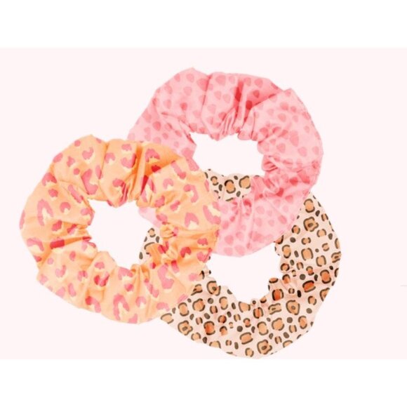 Set Of 3 Scrunchies Leopard & Heart Patterns Pink & Orange Hair  By Talking Out - Picture 1 of 5
